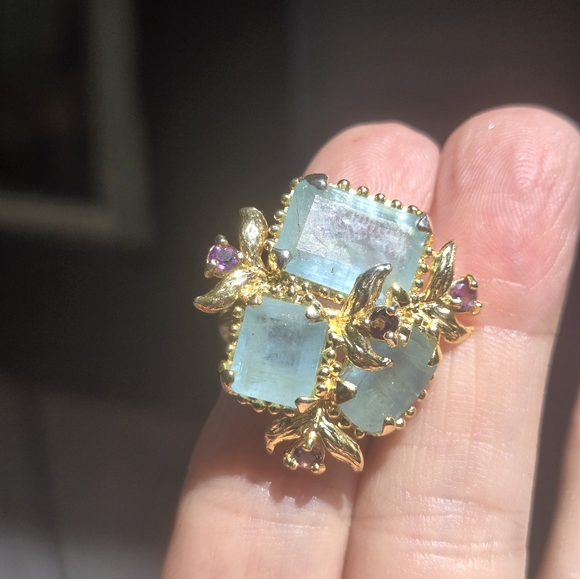 Aquamarine & Amethyst sterling & gold ring sz7.75 - Picture 6 of 10